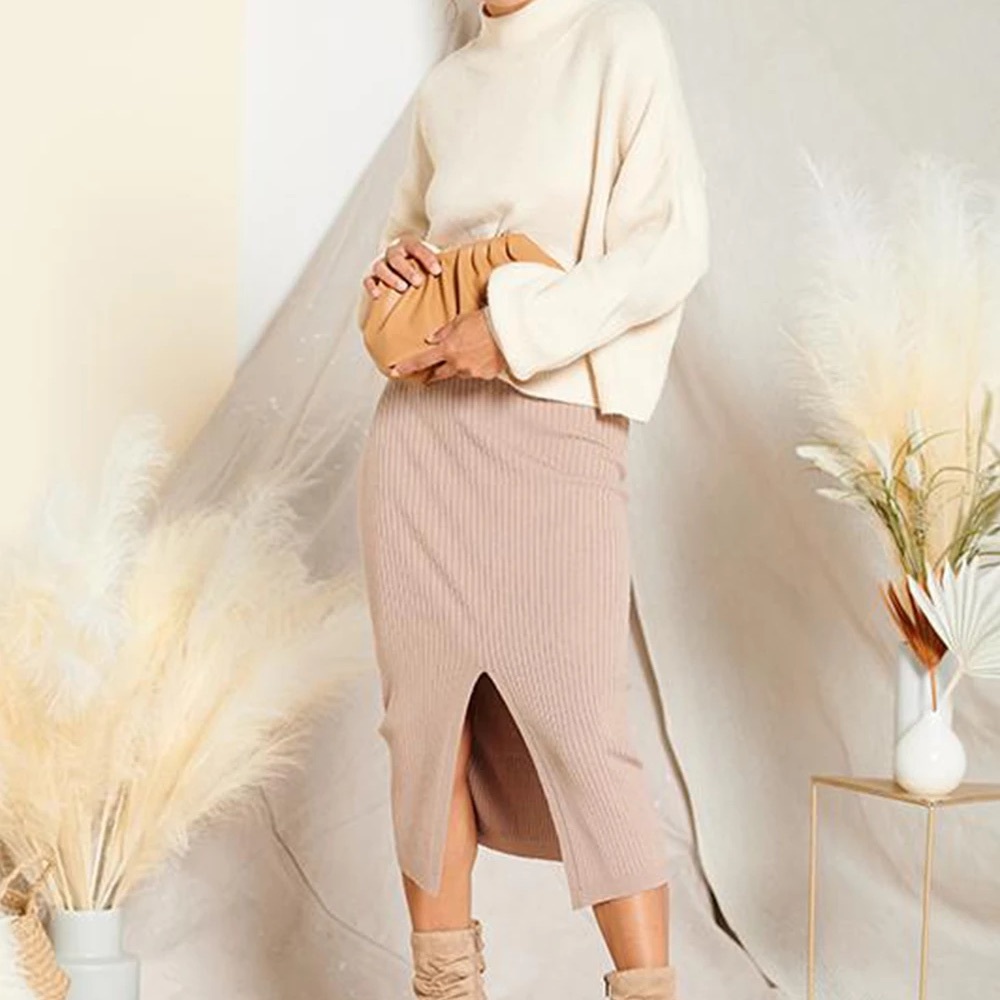 Evanne Ribbed Knit Midi Skirt soft and stretchy ribbed knit.